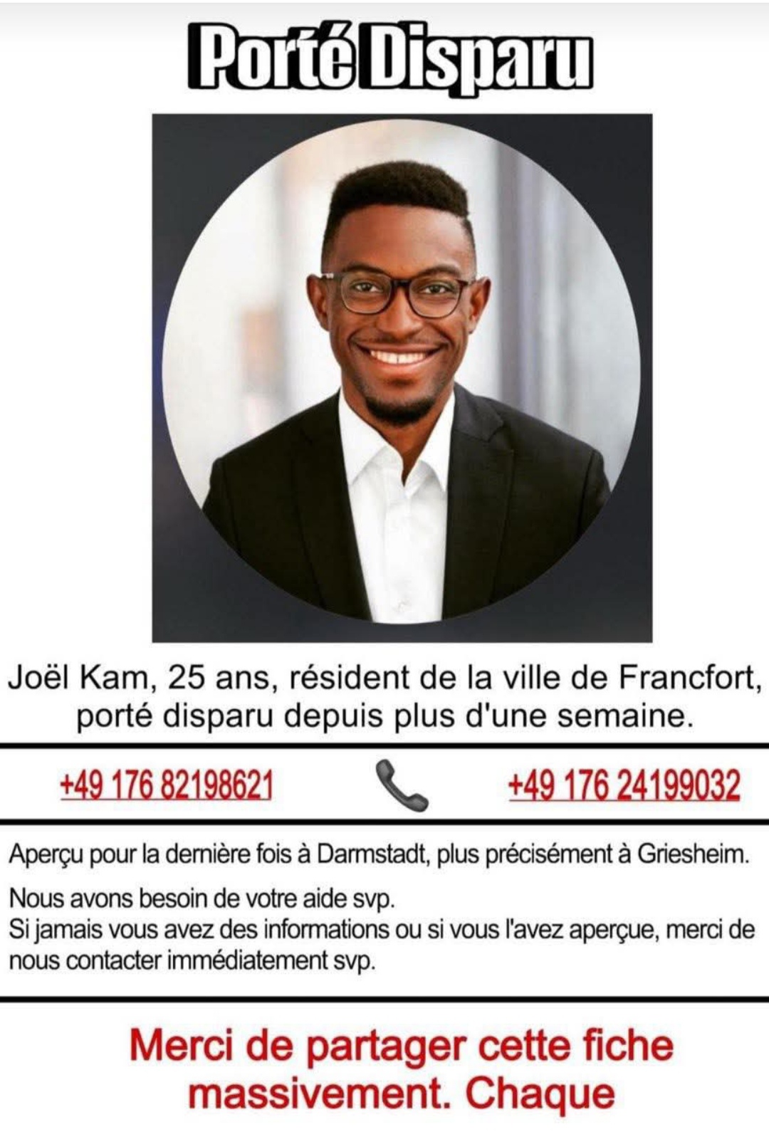 Avis de recherche : Joël Kam porté disparu depuis le 19 avril 2025.